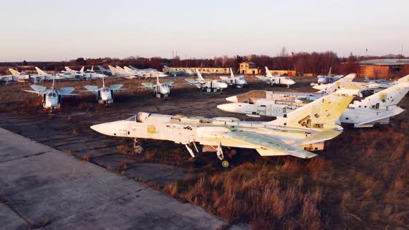 Aerial Drone View Flight Over Parking Lot of Old Dismantled Aircraft