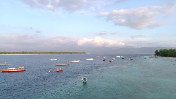 Aerial view at group of traditional boats anchored, Indonesia.