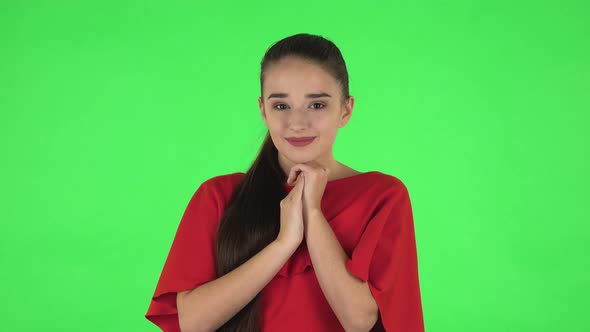 Portrait of Pretty Young Woman Is Looking with Tenderness. Green Screen