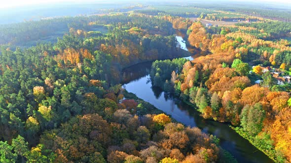 Stunning aerial view of autumn forest and blue river