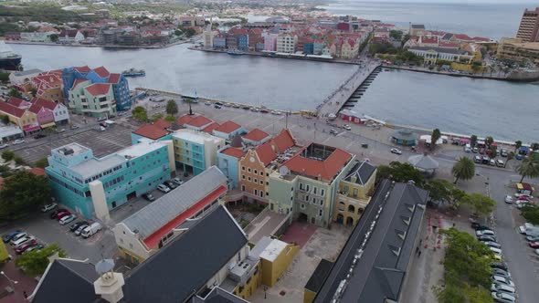 Aerial establishing shot of the historical center of Willemstad, Curaçao