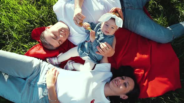 Happy Family with Baby Lying on Grass