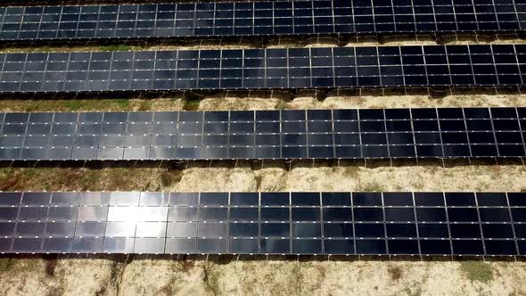 Solar panels farm aerial view from drone shot while sun setting. Small photovoltaic cell panels