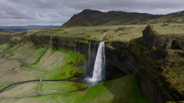 Aerial View of the Seljalandsfoss  Located in the South Region in Iceland