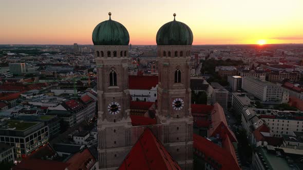 Aerial View of the Church of Our Lady (Frauenkirche) in Munich at Sunset