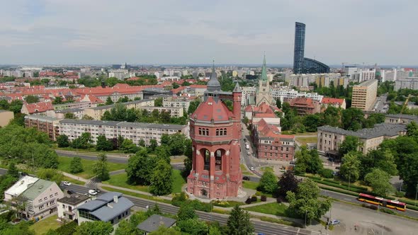 Aerial view of a historic water tower in Wroclaw, Poland