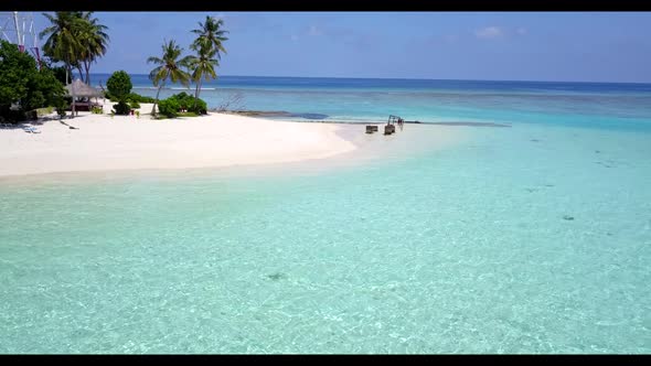 Aerial top view scenery of perfect lagoon beach vacation by blue ocean and white sand background of 