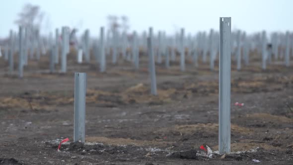 Construction in the Field Solar Power Station Poles to Hold the Solar Panels