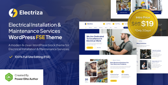 Electriza – Electrical Installation & Maintenance Services FSE WordPress Theme – 0 Sold!