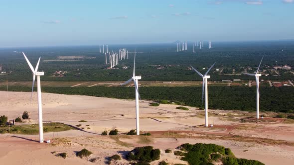 Wind farm turbines at Canoa Quebrada Beach Ceara Brazil. Green energy.