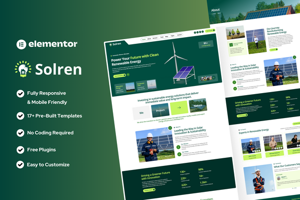 Solren – Solar & Green Renewable Energy Elementor Template Kit – 0 Sold!