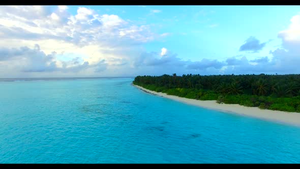 Aerial top down seascape of paradise sea view beach journey by shallow water with white sandy backgr