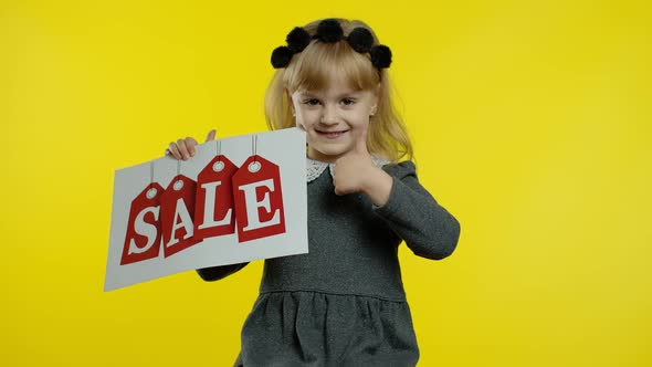 Great Discounts for Preschool Kids. Child Girl Showing Sale Word Inscription Banner. Black Friday