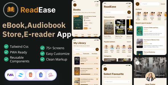 ReadEase – Ebook Store & Reader App UI Kit (Tailwind CSS + PWA) – 0 Sold!