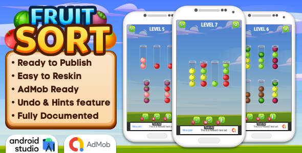 Fruit Sort - Puzzle Game Android Studio Project with AdMob Ads + Ready to Publish
