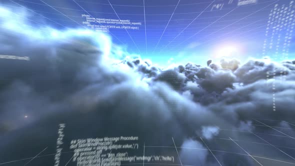 Digitally generated video of data processing against morning sky with clouds in background