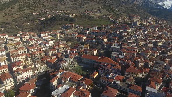 Flying Over Arachova Town At Parnassos Mountain