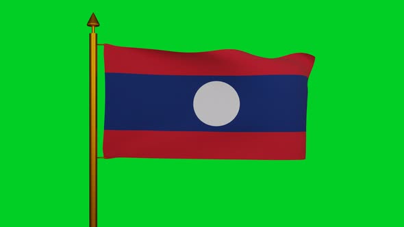 National flag of Laos waving with flagpole on chroma key, Lao Peoples Democratic Republic flag