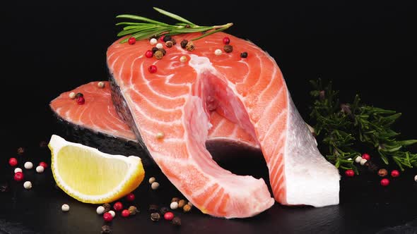 Trout Steaks Rotation Video. Raw Slices with Perfect Texture of Fish