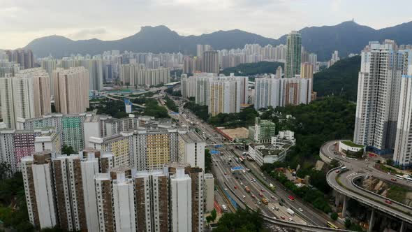 Drone fly over Hong Kong city