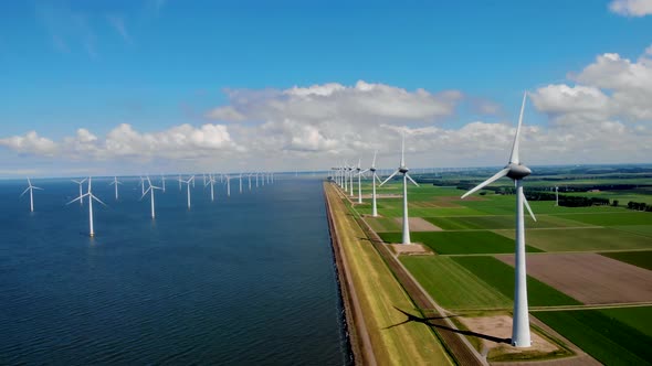 Windmill Park in the Ocean Drone Aerial View of Windmill Turbines Generating Green Energy Electric