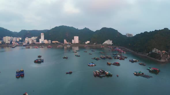 Aerial: Vietnam Cat Ba bay at twilight with floating fishing boats on sea, city skyline