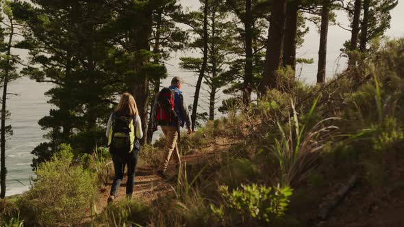 Active senior couple hiking in forest