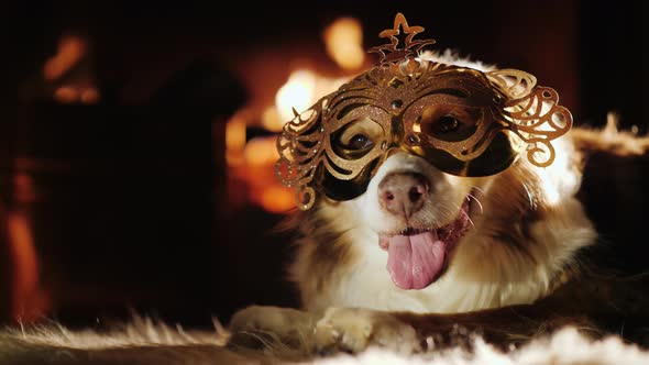 A Dog in a Carnival Mask Rests on a Soft Rug on the Background of the Fireplace. Favorite Animals