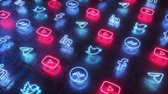 Neon Glowing Social Media Icons Flowing