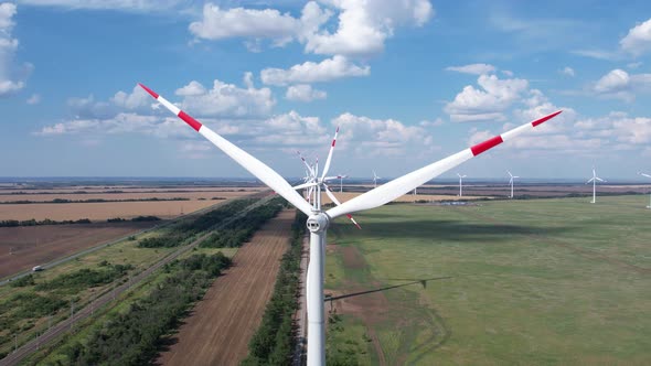 Aerial View of Wind Power Turbine is a Popular Sustainable Renewable Energy Source on Beautiful
