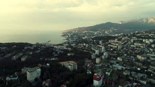 Morning skyline over the city located by the sea