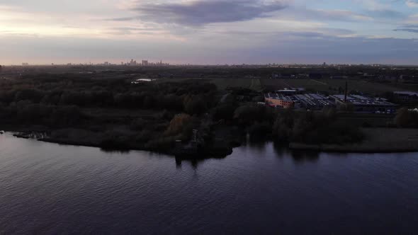 Old Barendrecht Bridge On The Riverbank Along With Green Field And Lush Forest. static shot