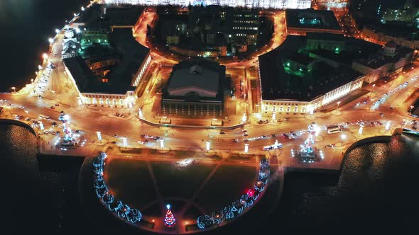 Aerial View of Old Saint Petersburg Stock Exchange and Rostral Columns, St Petersburg, Russia