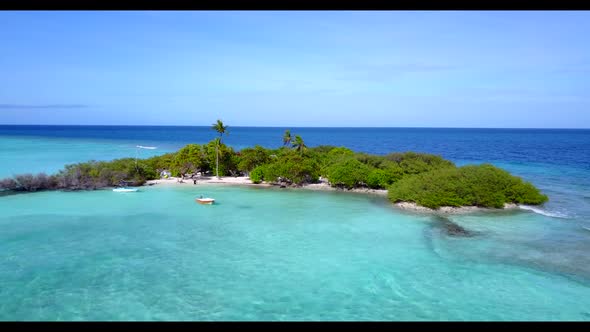 Aerial flying over seascape of paradise bay beach voyage by blue sea with white sand background of a