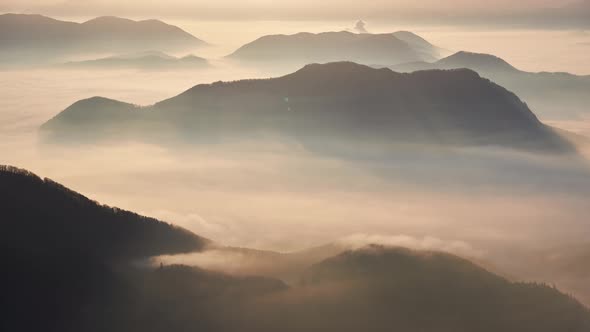 The fog flows around the wooded hills in the luster of the sun's rays at sunrise