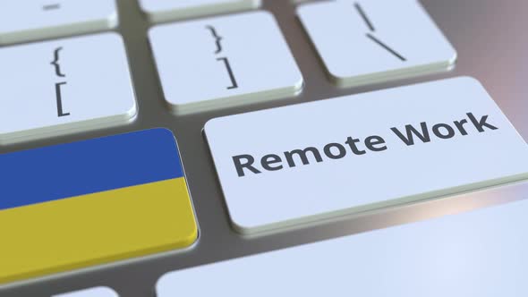 Remote Work Text and Flag of Ukraine on the Keyboard