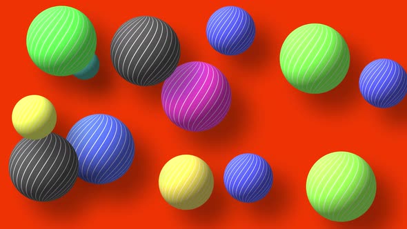 Abstract colorful background with flying or floating simple geometric forms. 3d sphere animation.