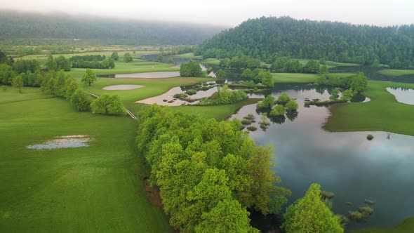 Flooded countryside after a heavy rain with fields and roads