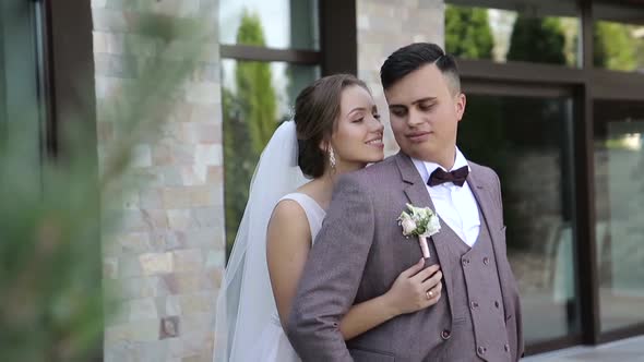 Wedding party, newlyweds close-up, Happy couple