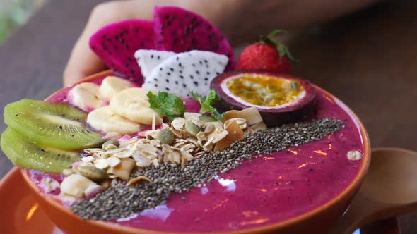 Colorful Smoothie Bowl With Fresh Fruits For Vegan Breakfast. Closeup