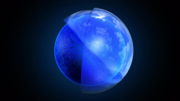 Animation of blue cobalt grunge textured sphere rotating and covered with two orbiting glass hemisph