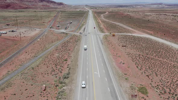 American highway in desert, Moab, Utah. Aerial landscape and transportation scene, remote location.