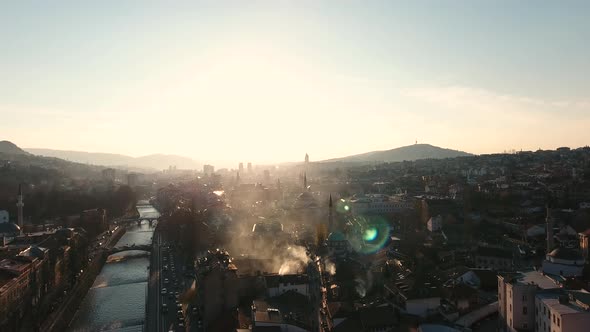 Drone flight video of sunset on Bascarsija in Sarajevo in Bosnia and Hercegovina