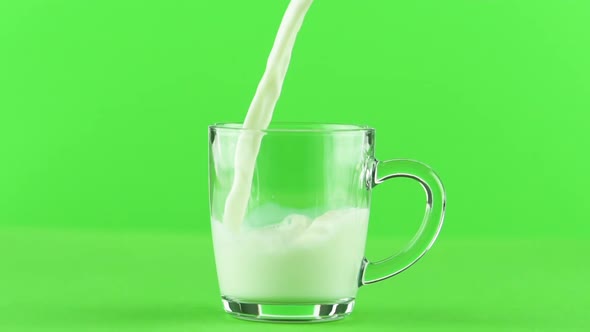 Milk Pouring Into Glass Mug Close Up Isolated on Light Green Background Slow Motion