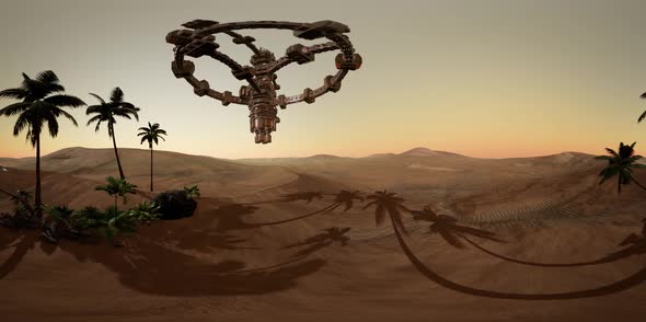 VR 360 Alien Spaceship Rotate Over Desert. Ufo