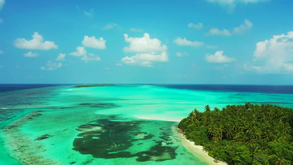 Aerial above seascape of perfect coastline beach time by blue sea with white sandy background of adv