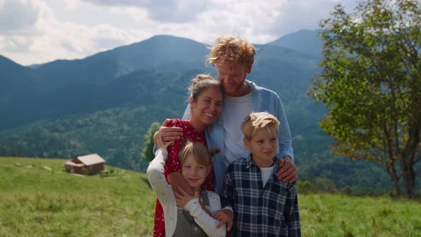 Portrait Happy Family Mountains Summer Holiday