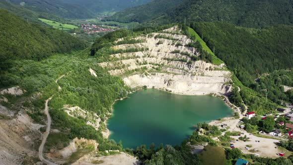 Aerial view of a lake in the village of Sutovo in Slovakia