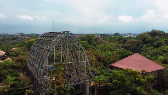 Aerial view destructed building in abandoned park