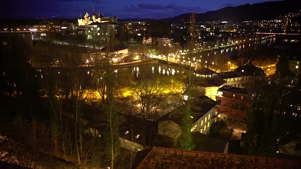 Evening Panorama of Bern City in Switzerland, Illuminated Houses, Enjoyable View